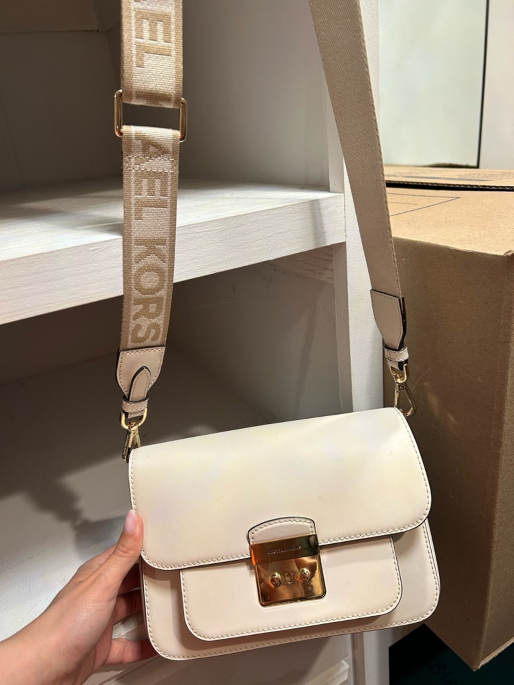 Michael Kors Cream Leather Crossbody with Branded Canvas Strap